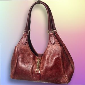 Vintage GUCCI Dark Red Horsebit Embossed Leather Bardot Shoulder Bag FREE SHIP